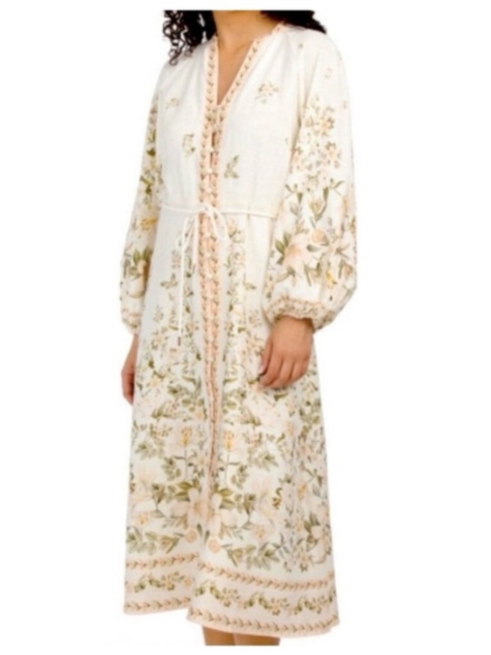 Calypso St. Barth Cream Floral Midi Dress with Pale Pink & Sage Accents